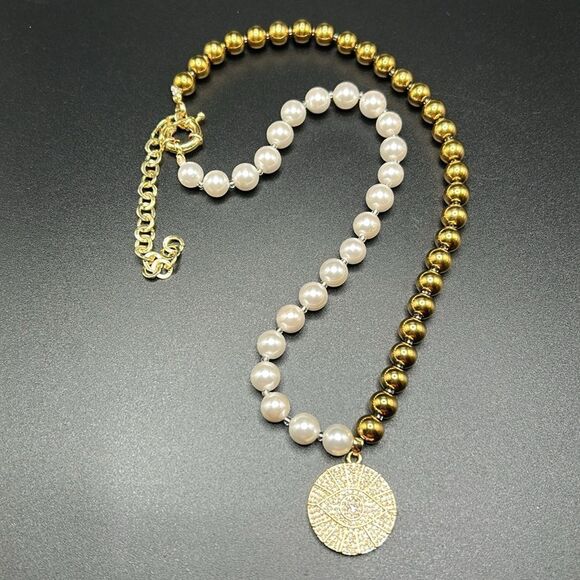 BOGO Free Jewelry..Eye Candy LA Gold Bead Faux Pearl Evil Eye Pendant Necklace - Picture 5 of 10